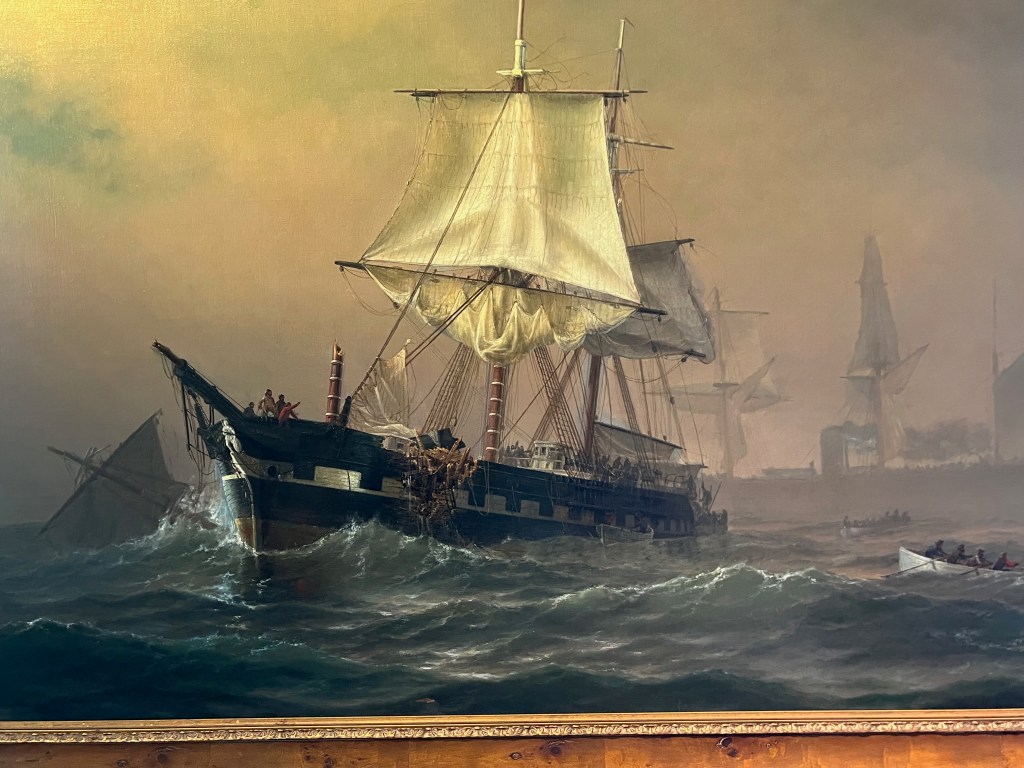 A dramatic painting of a ship struggling in turbulent waters with partially furled sails, emphasizing the challenges of navigating a storm.