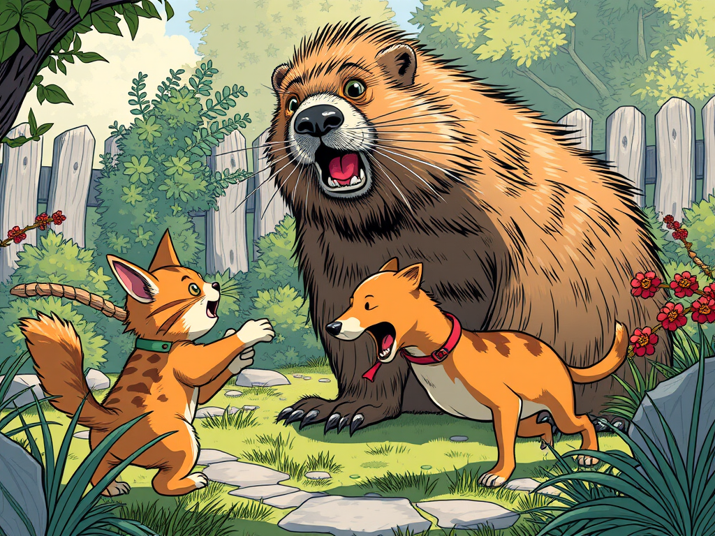 A cartoon-style illustration featuring a surprised marmot in a garden, surrounded by a playful orange cat and a playful dog.