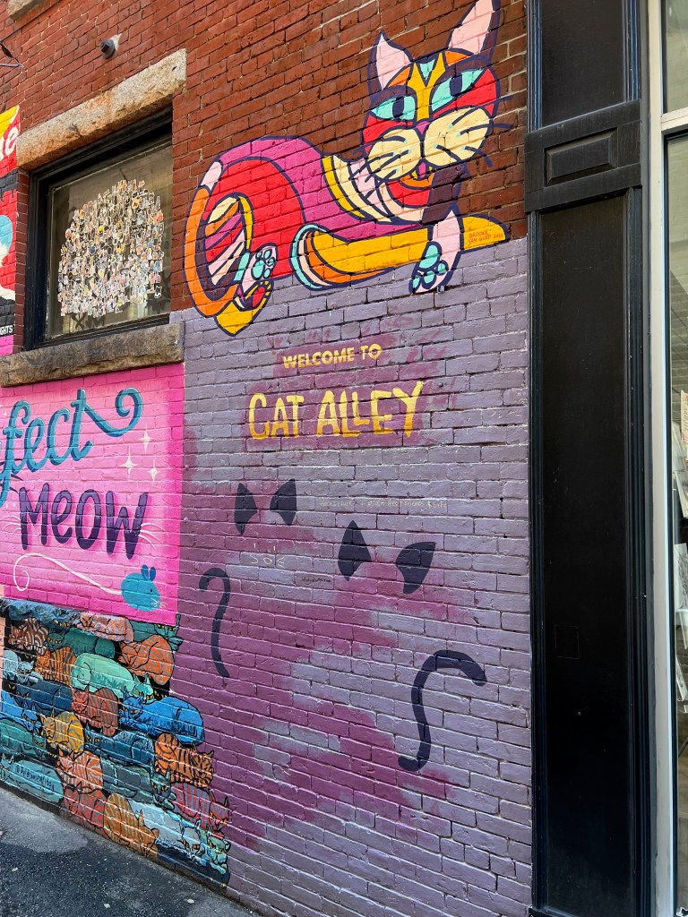 Colorful mural welcoming visitors to Cat Alley, featuring a cartoon cat and playful text on a brick wall.
