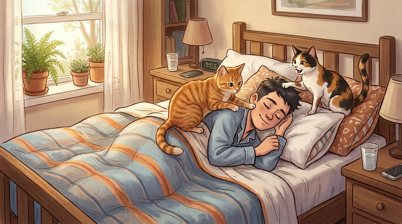 Person sleeping in bed with two playful cats, bedside tables with lamp, clock showing 7:03, and plants by window.