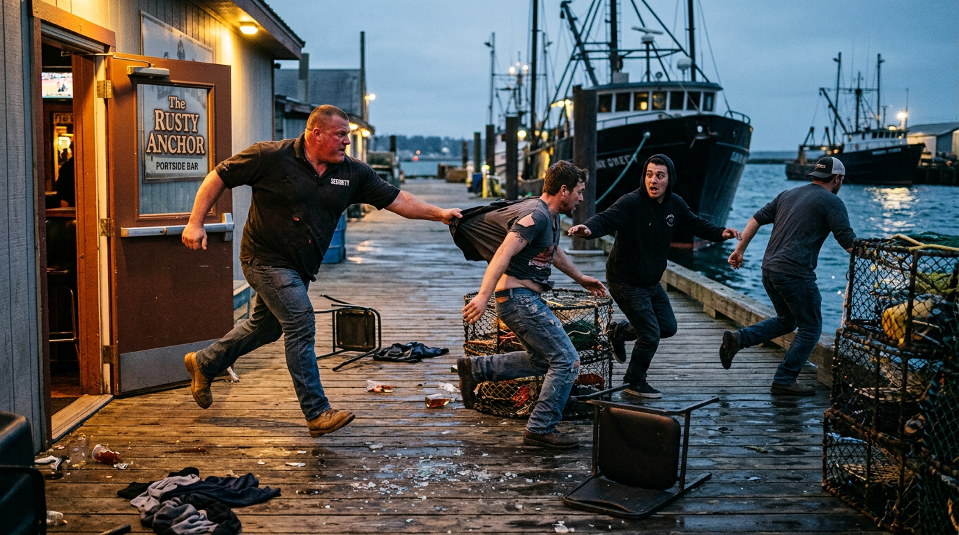 Security guard chasing a man on a wooden dock near fishing boats