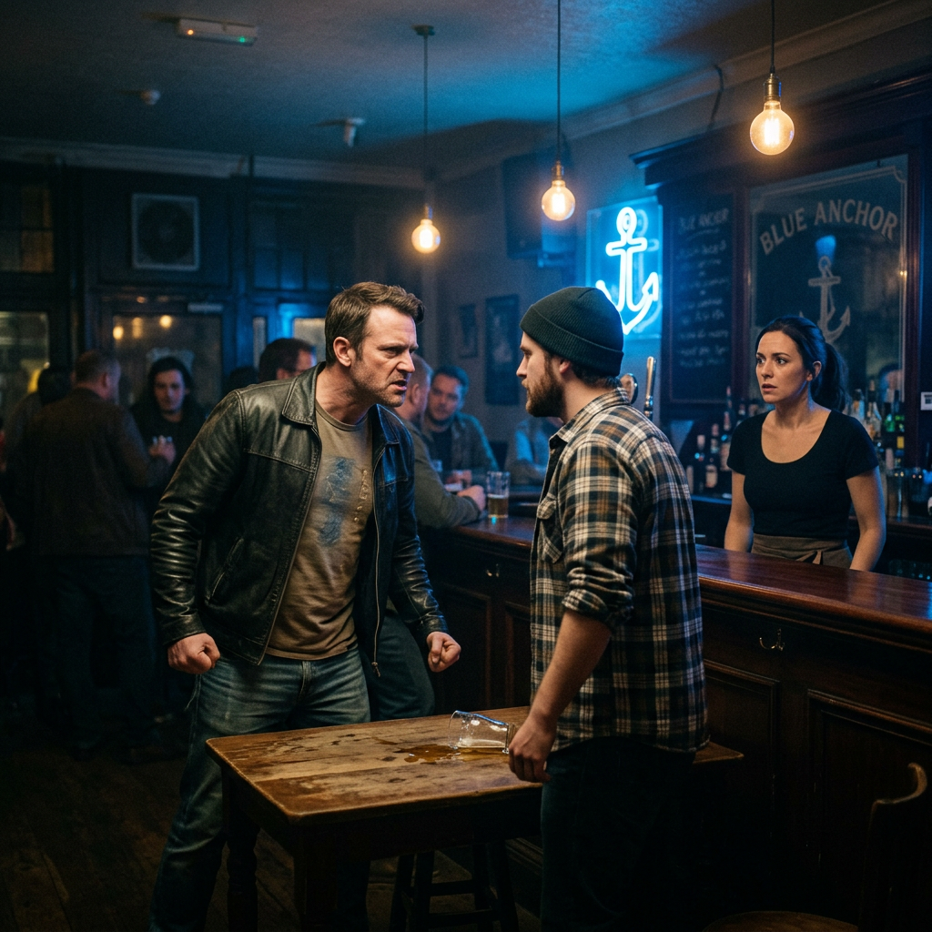 Two men arguing by a table with a spilled drink in a dim pub with people and bartender