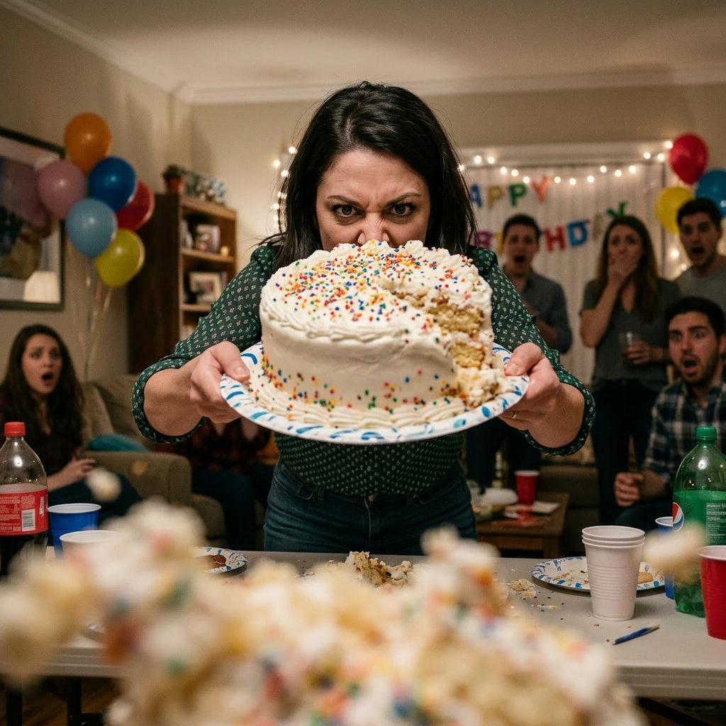 Ingrid smashing cake on my head at party