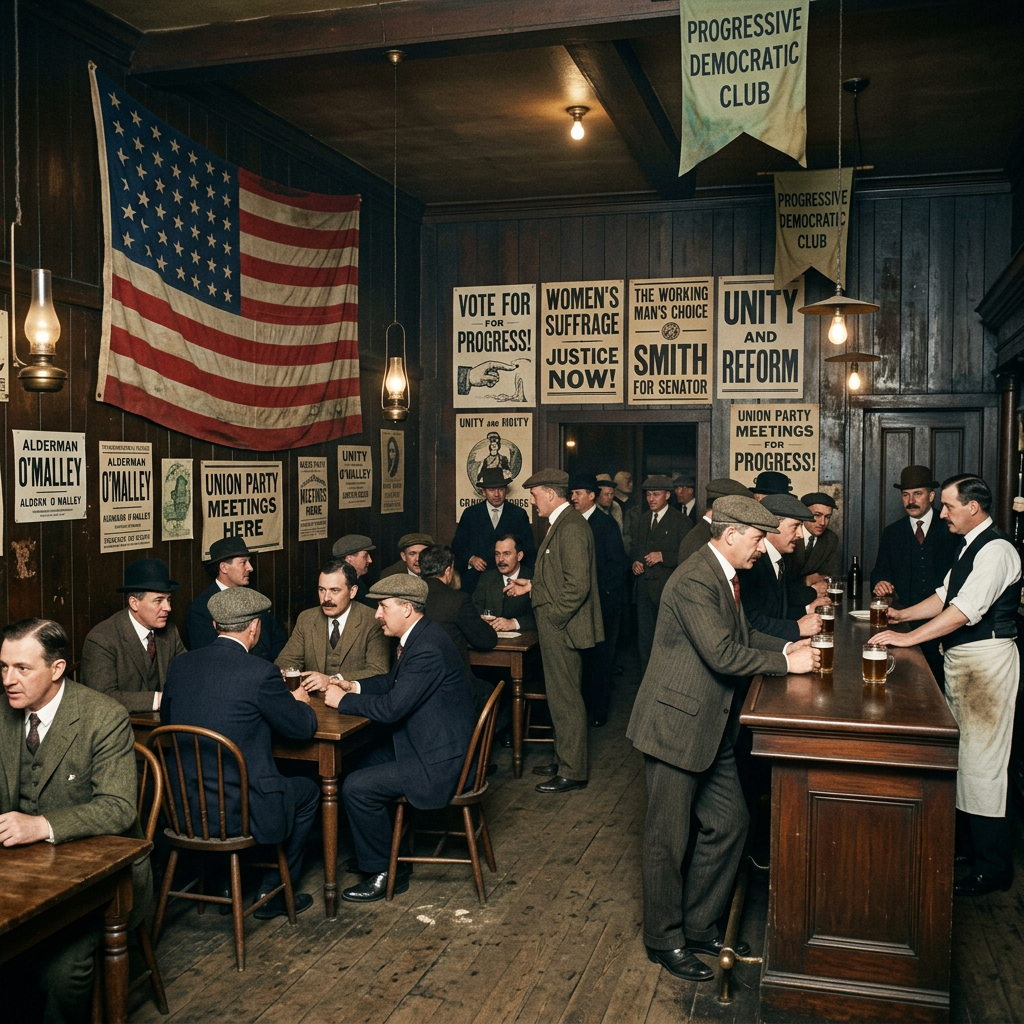Men in period clothing socializing in a political meeting hall with American flag and reform posters