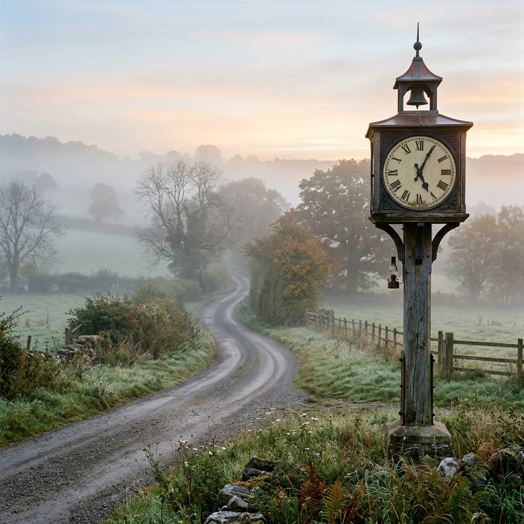 Vintage clock showing 6:05 on a post beside a foggy rural winding road