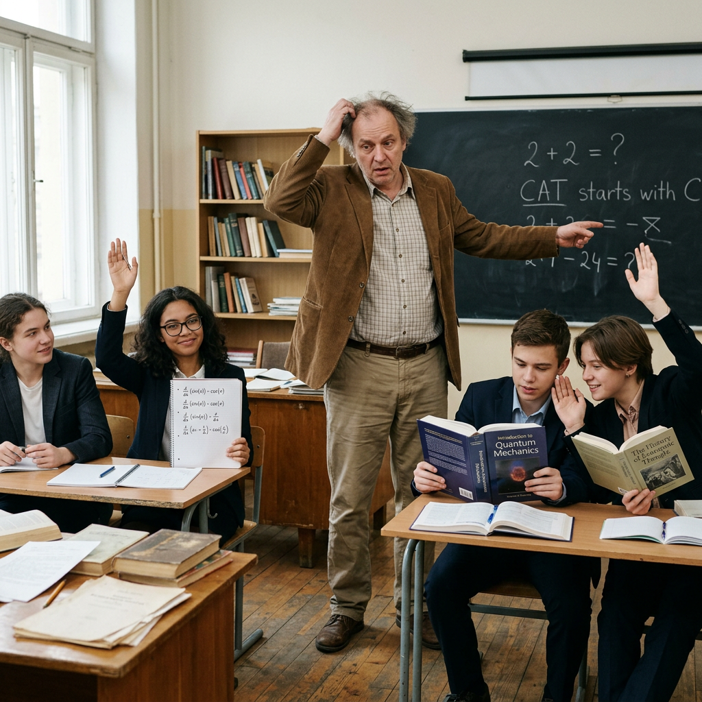 Teacher scratching head looking puzzled as students raise hands and hold textbooks in classroom