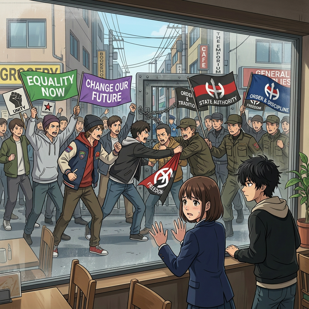 Two groups of people clashing during a street protest behind a window with two bystanders inside