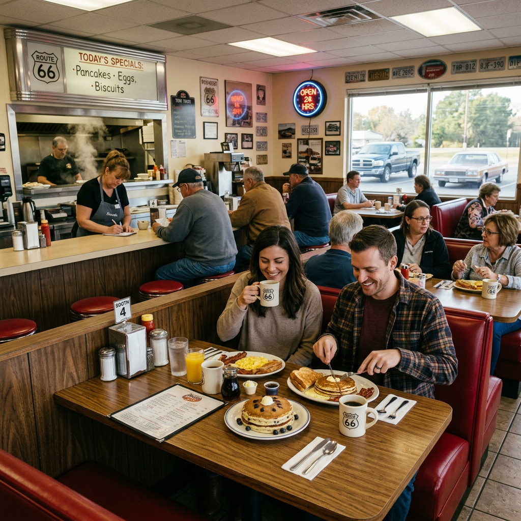 Couple eating pancakes and drinking coffee at a Route 66 diner with other patrons in booths and at counter