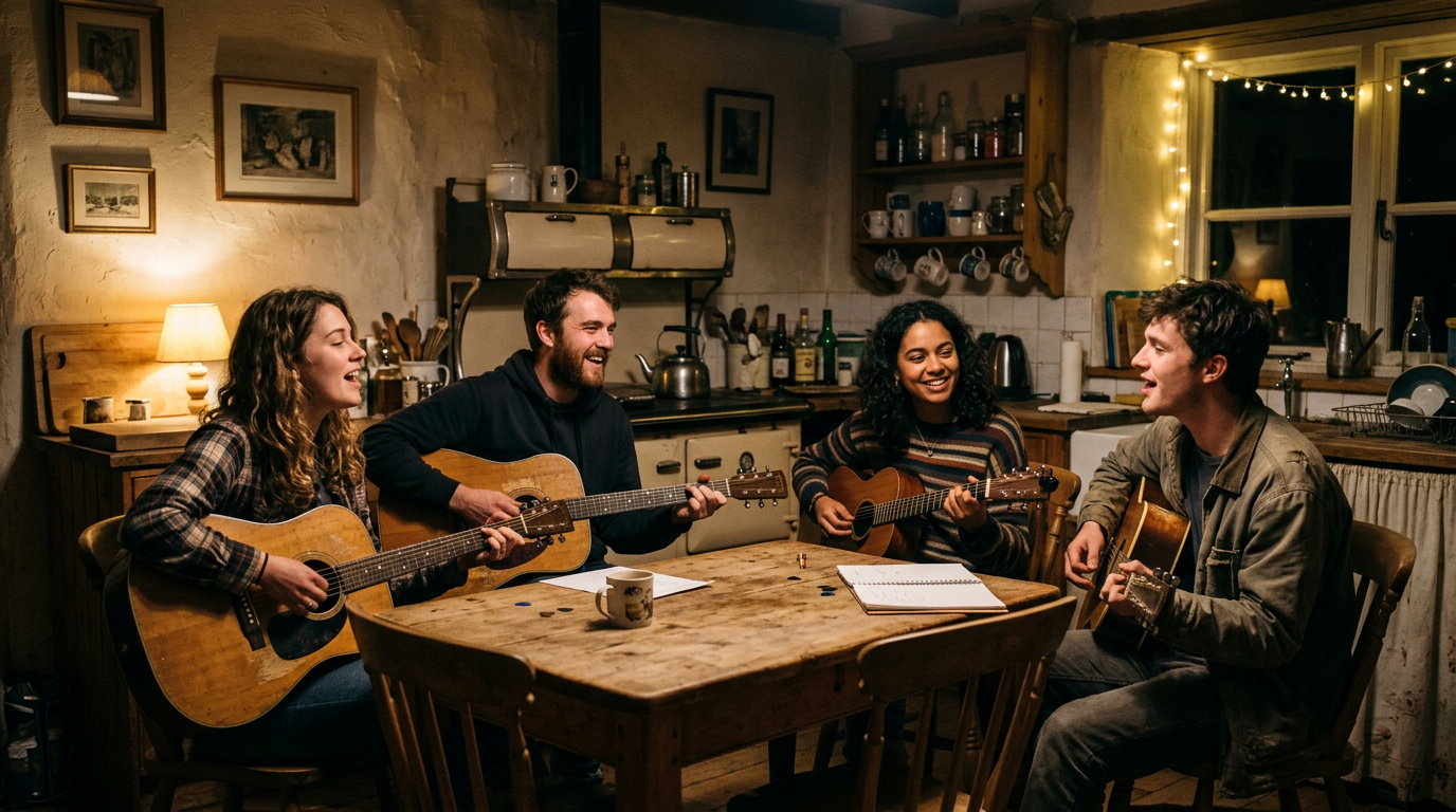 Four people sitting around a wooden table playing acoustic guitars in a cozy kitchen