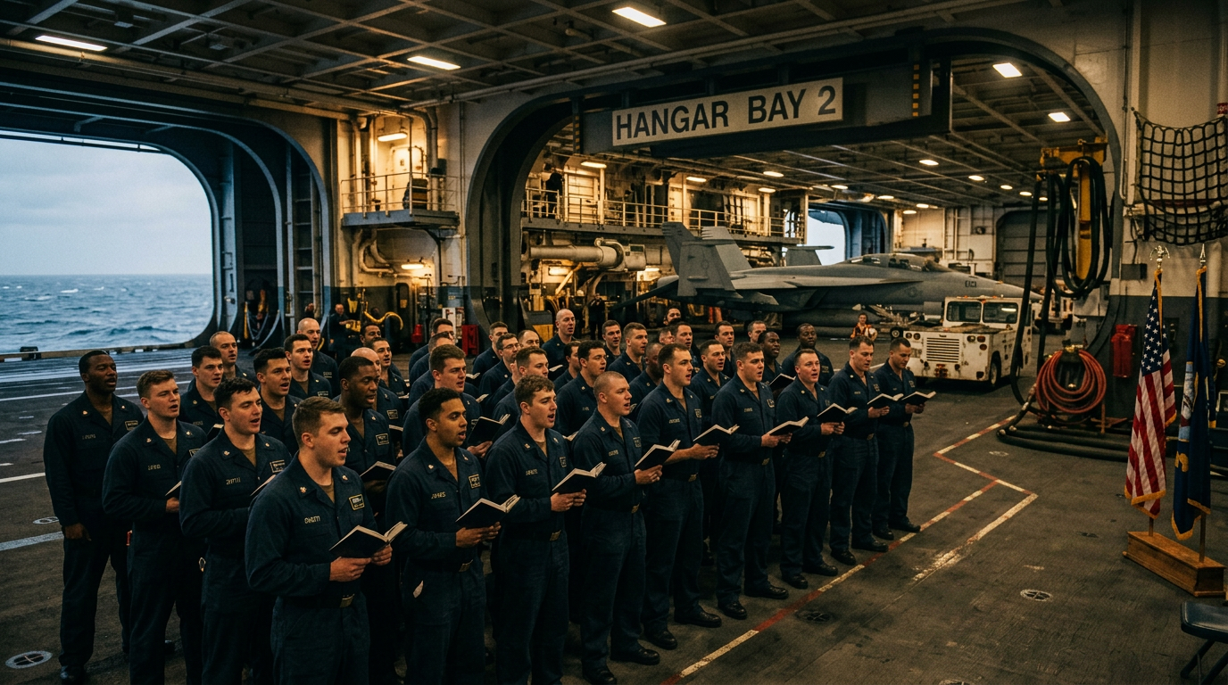 Group of U.S. Navy personnel singing in hangar bay aboard aircraft carrier