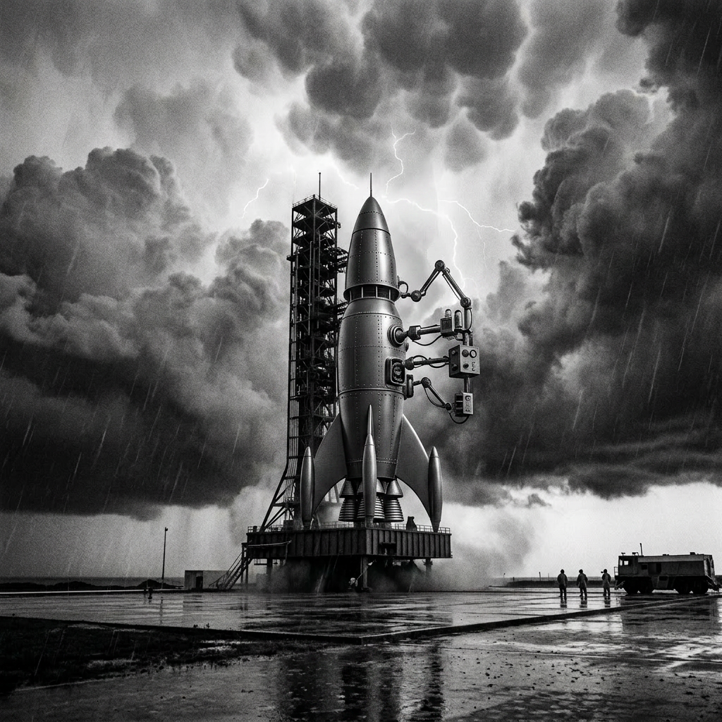 Rocket on launch pad with storm clouds, lightning, and rain