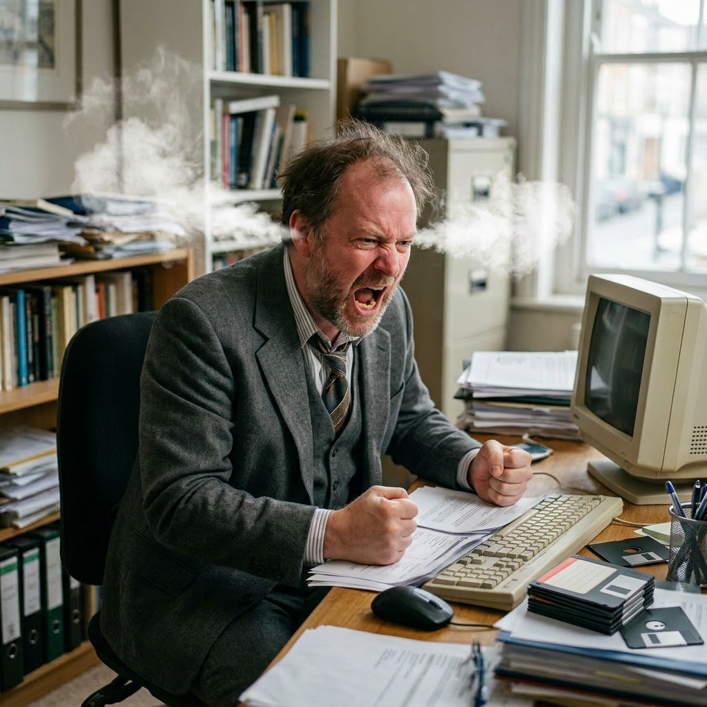 Man angrily shouting at desk cluttered with papers and laptop