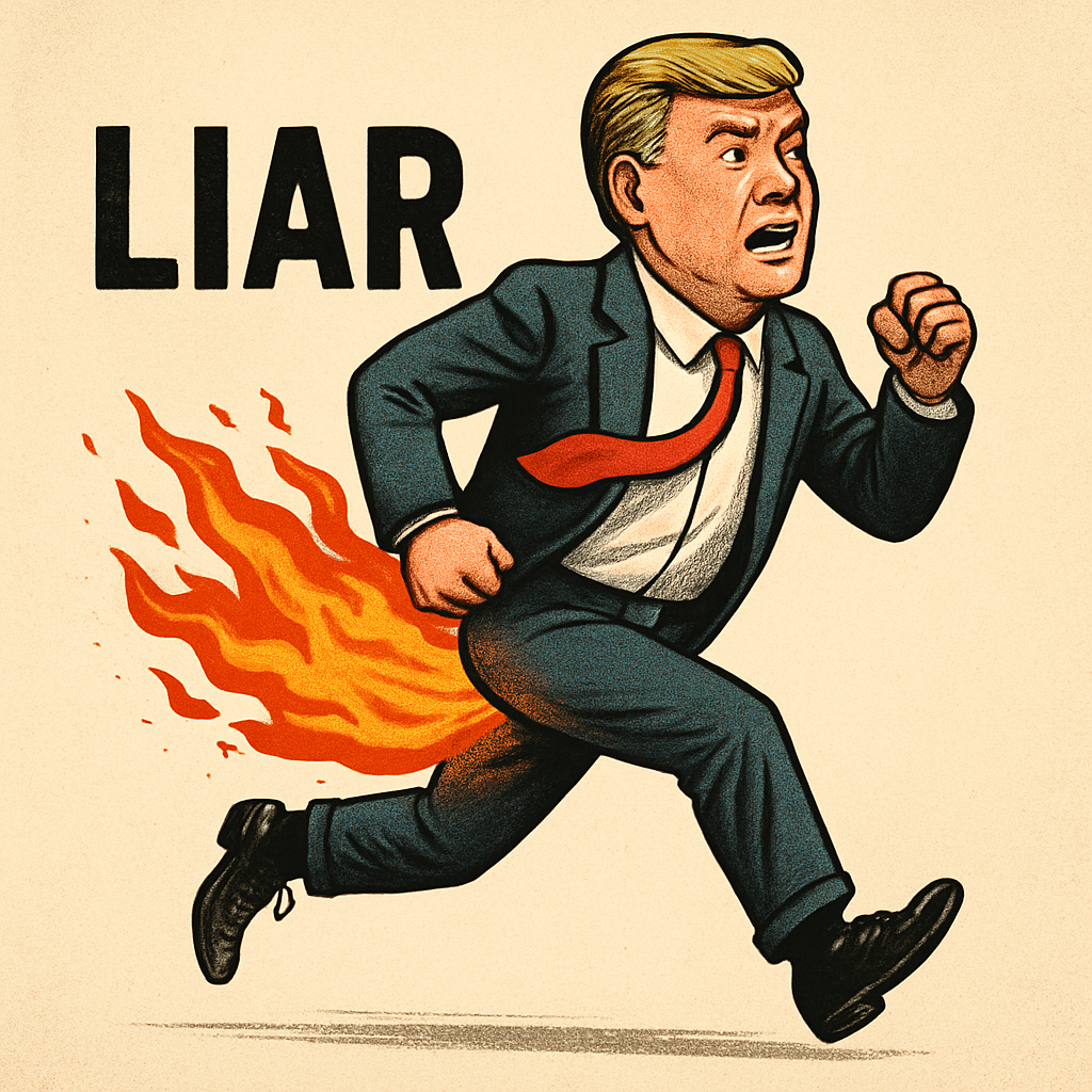 Caricature of a man in a suit running with flames coming from behind him and the word LIAR above