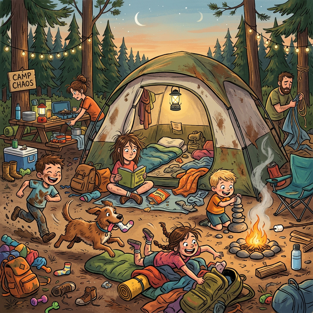 Family camping with kids playing around a tent, a dog with a sock, and parents preparing meals and tidying up