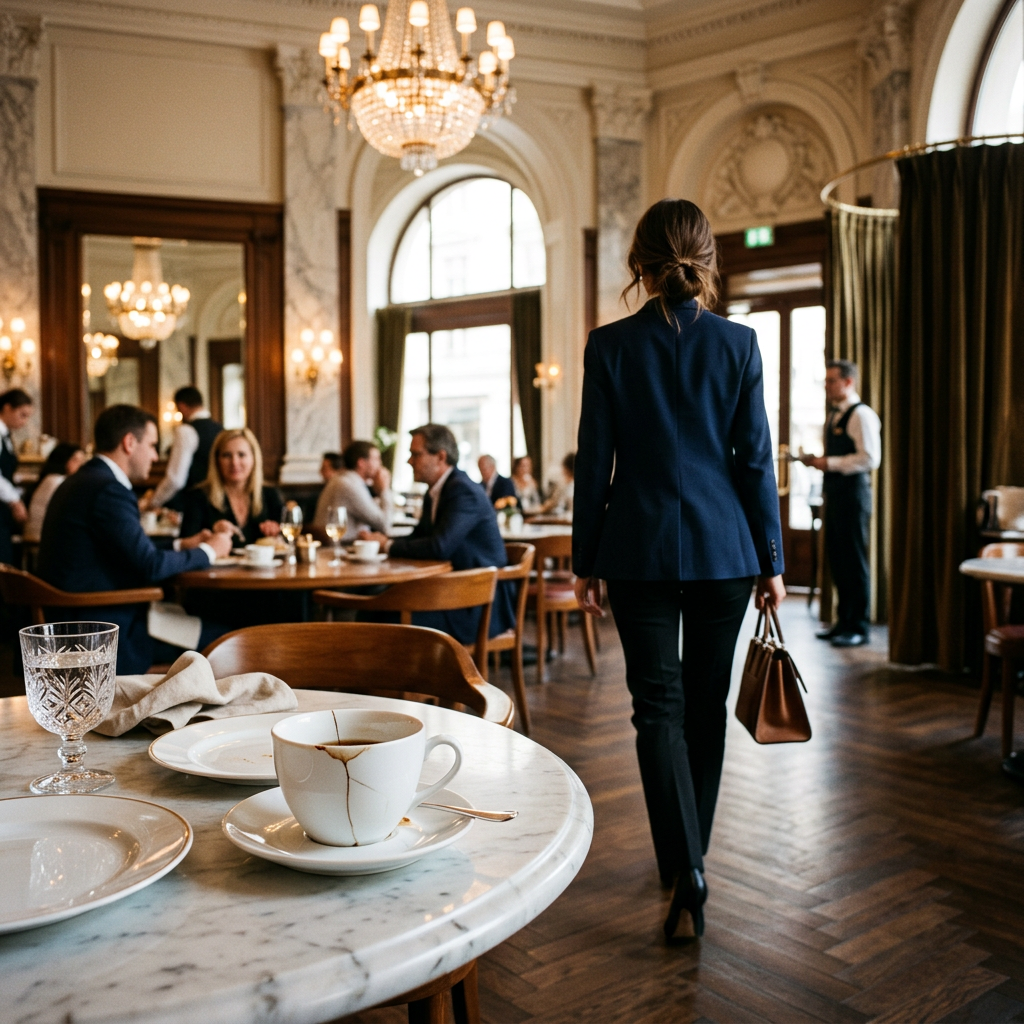 Woman carrying handbag walking through an elegant café with businesspeople dining