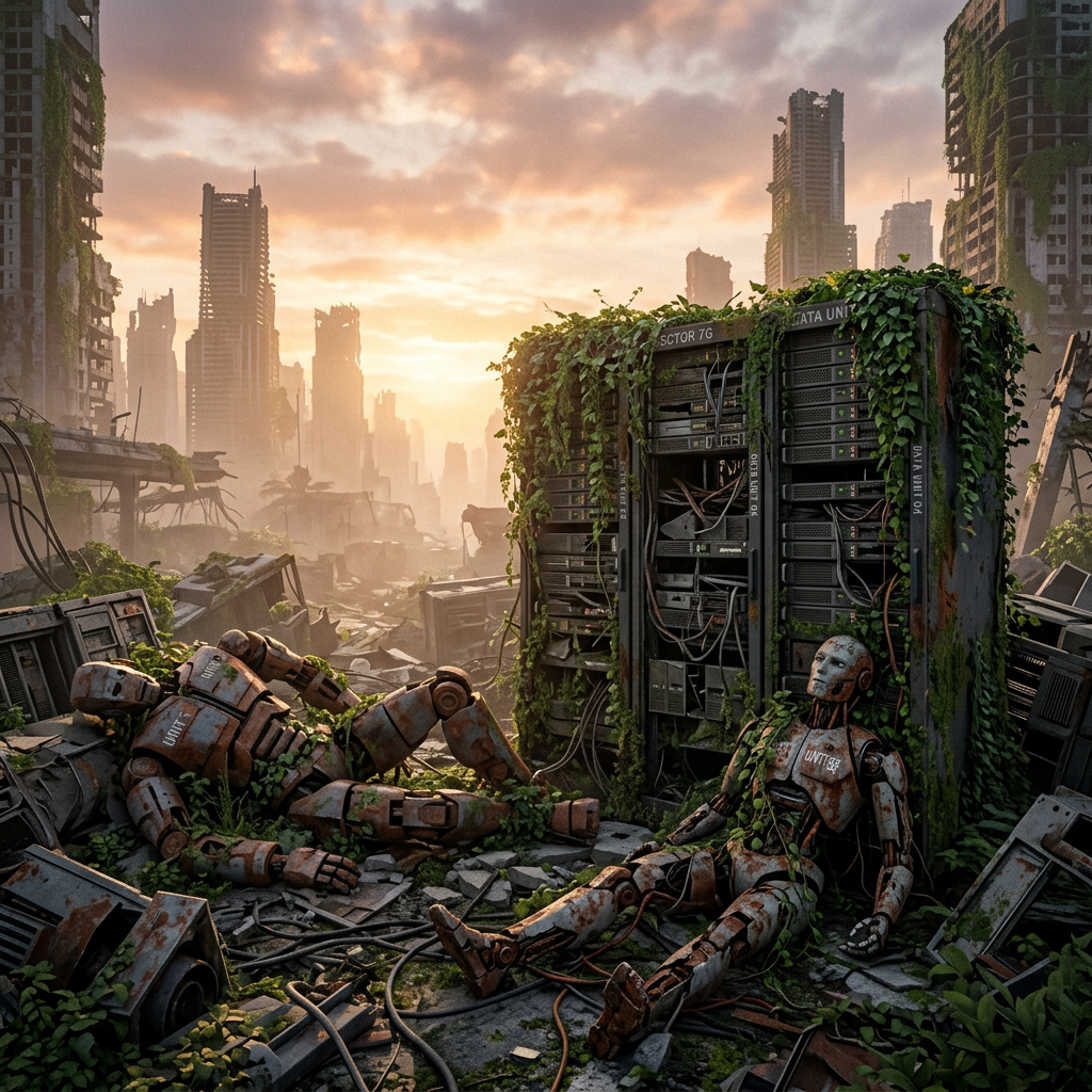 Rusty humanoid robots lying on the ground with overgrown plants and decayed server racks in a ruined cityscape
