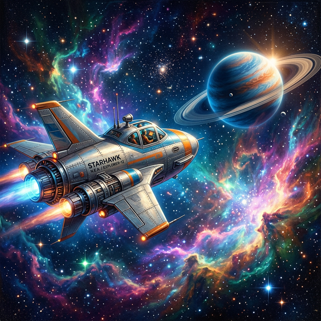 Retro spaceship labeled Starhawk flying through colorful nebula with ringed planet nearby.