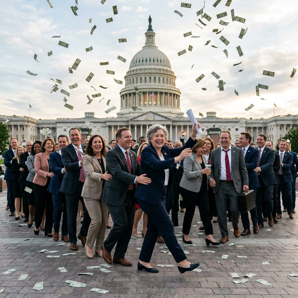 Group of people celebrating in front of the Capitol with money falling around them