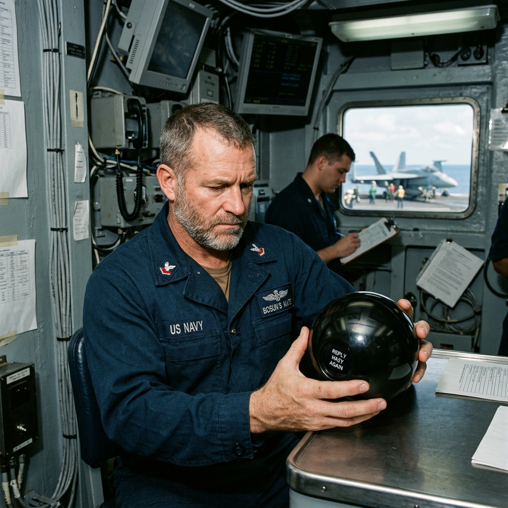 US Navy sailor in uniform holding a black magic 8-ball with 'REPLY HAZY AGAIN' message