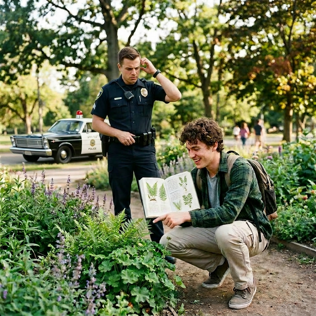 Young man showing plant identification app to police officer in garden