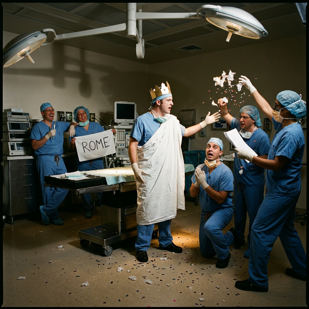 Group of medical staff in operating room, one dressed as Roman king, others reacting