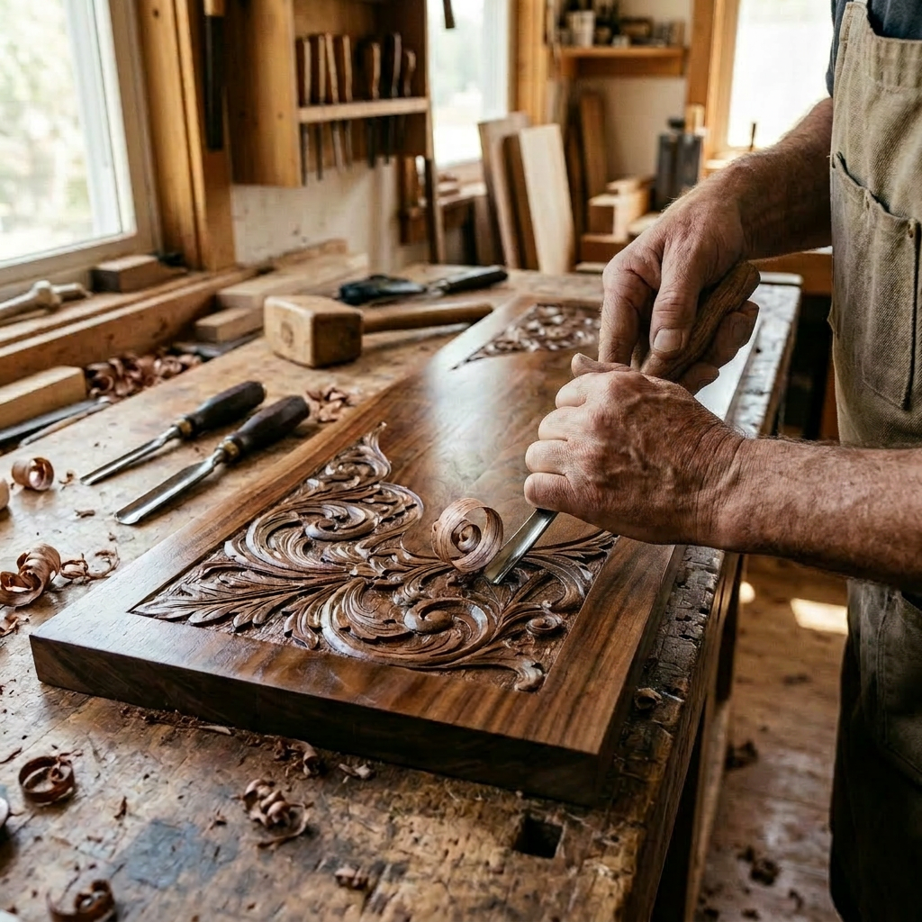 Close-up of hands carving ornate floral designs into wood with a chisel