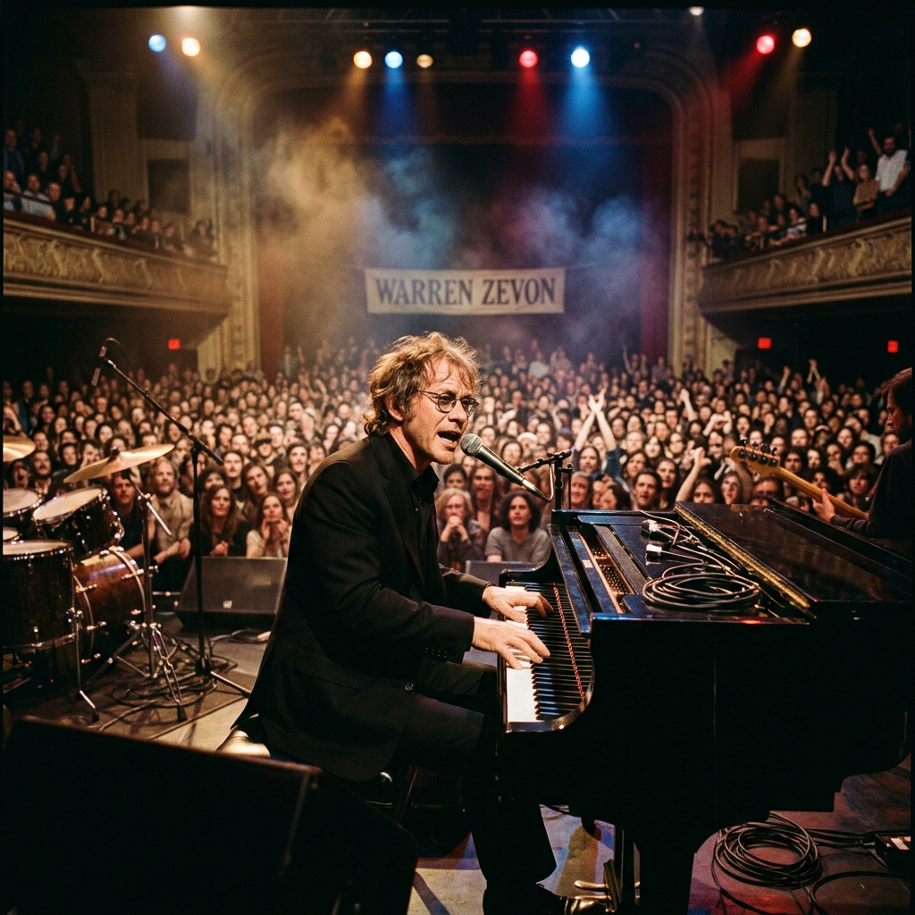 Musician playing piano and singing on stage in front of large crowd at Warren Zevon tribute event