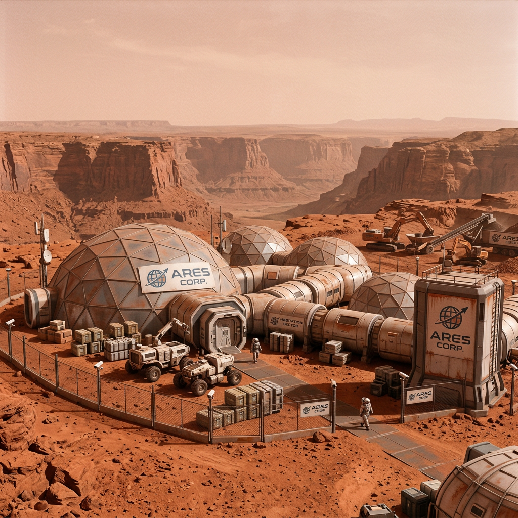 Domed Mars habitat base with multiple geodesic structures, vehicles, and astronauts