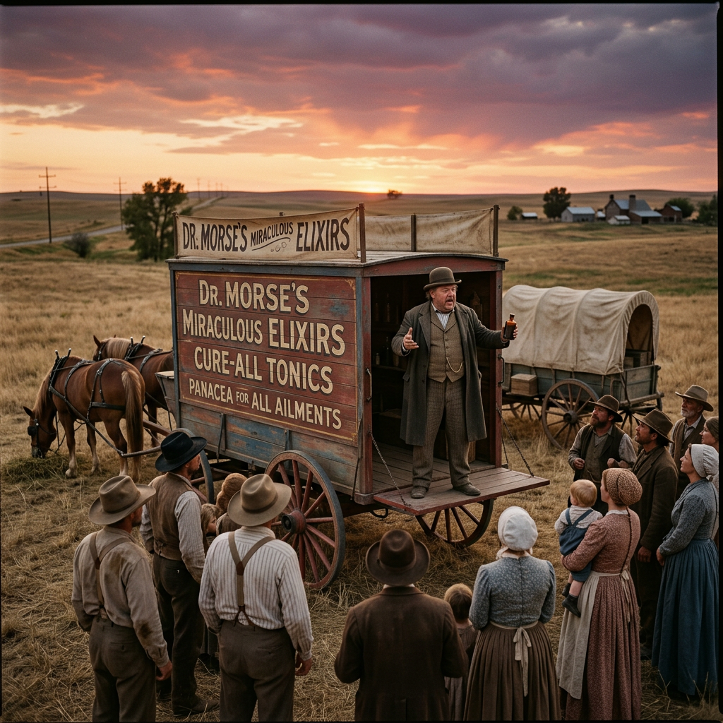 Man in vintage suit promoting elixirs from wagon to group of frontier-dressed people
