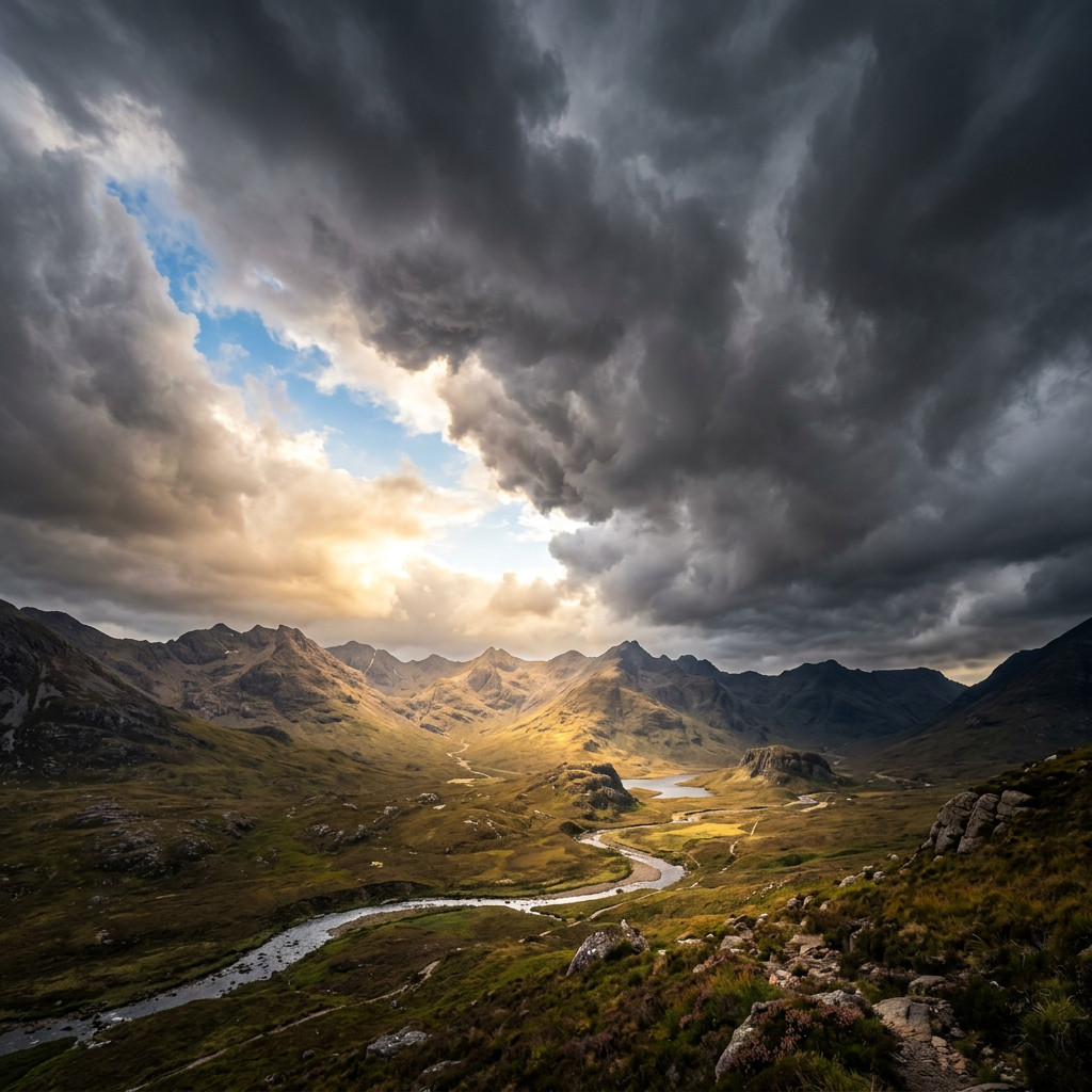 Winding river in a mountain valley under dramatic storm clouds with patches of sunlight