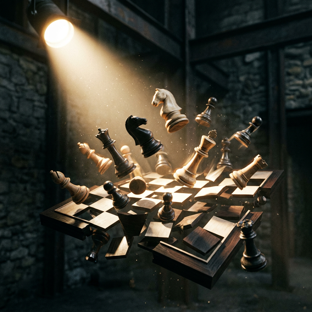 Chessboard with white and black chess pieces floating and scattered in mid-air under a spotlight