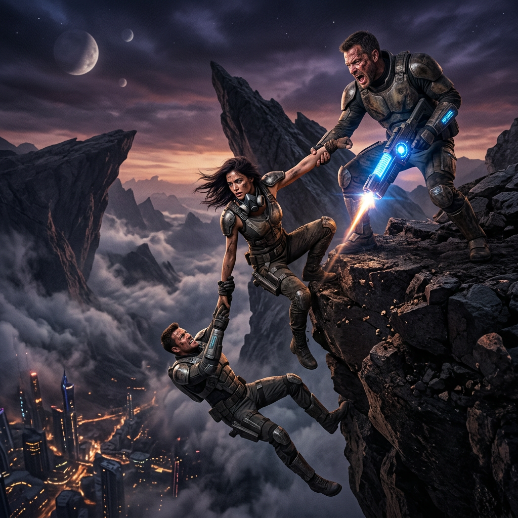 Three people in futuristic armor on a cliff, one helping another climb up while holding a weapon emitting light.