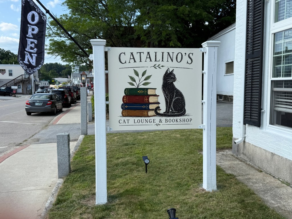 Sign for Catalino's Cat Lounge and Bookshop featuring a black cat and stacked books, with an 'Open' banner in the background.