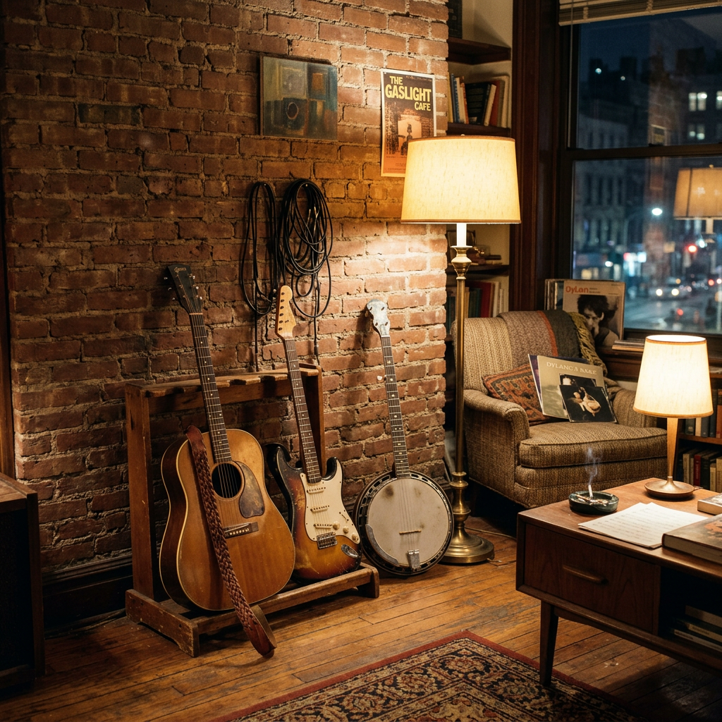 Corner of a cozy room with acoustic and electric guitars, a banjo, and warm lamps