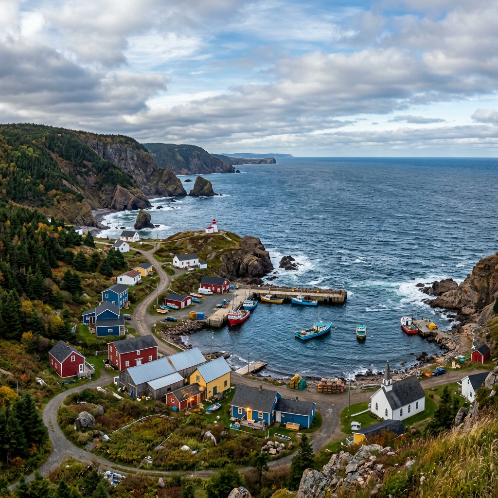 Coastal fishing village with colorful houses, small harbor, and rocky cliffs