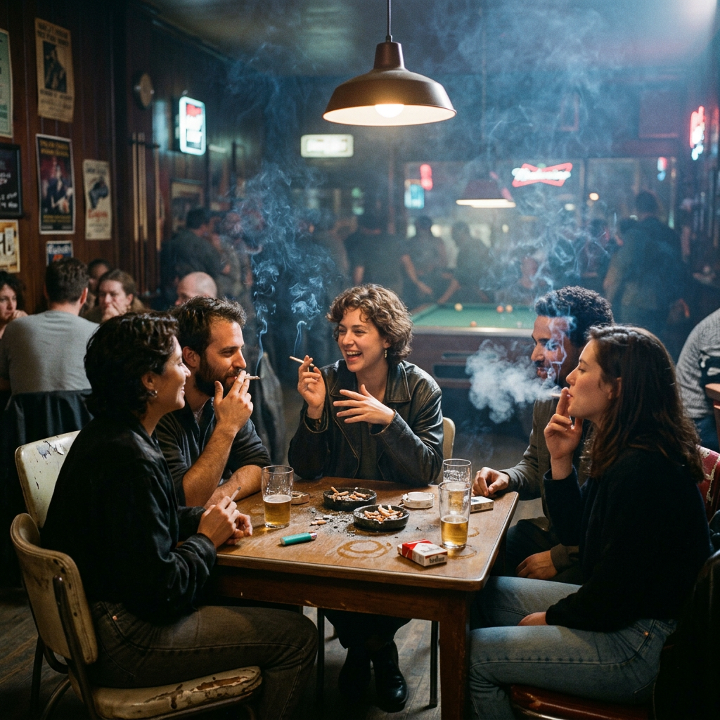 Five friends sitting around a table in a smoky bar, smoking cigarettes and drinking beer