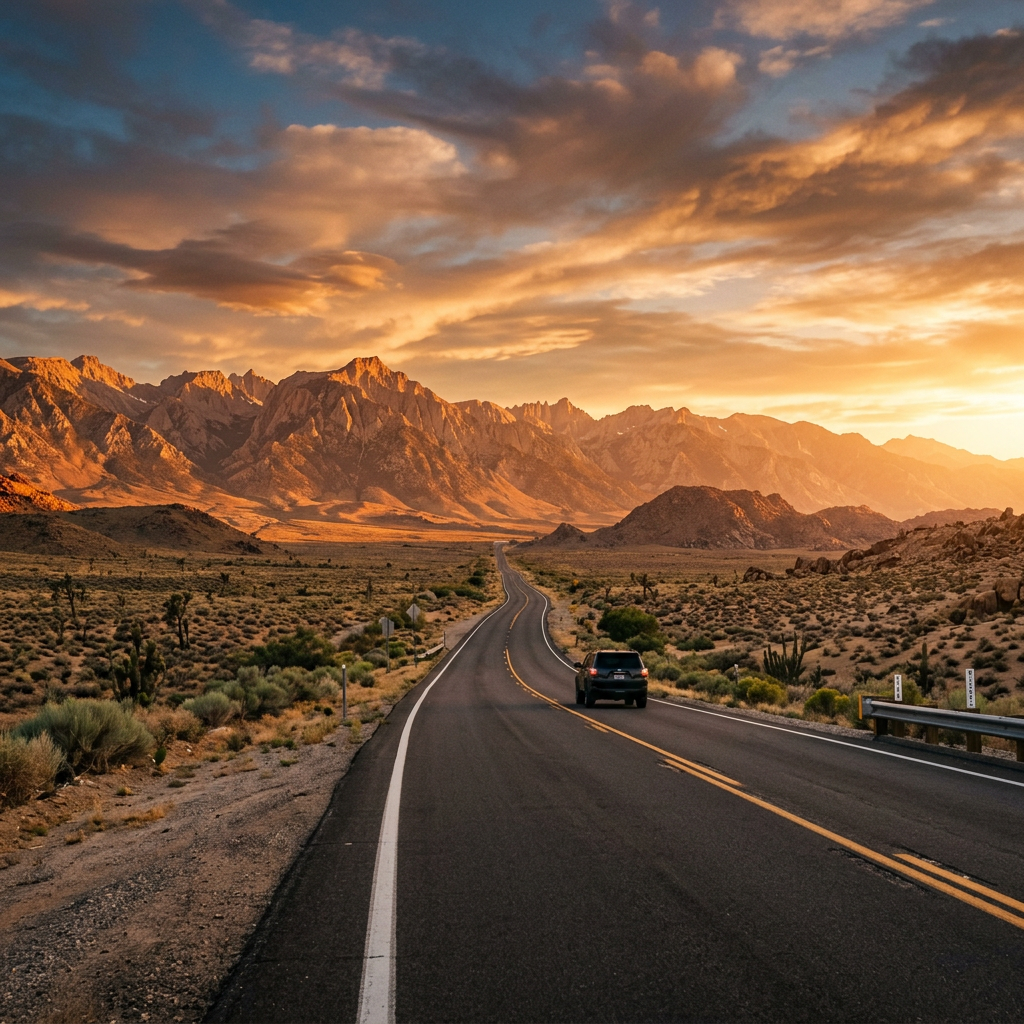 Car driving on a desert highway with mountains and dramatic sunset sky