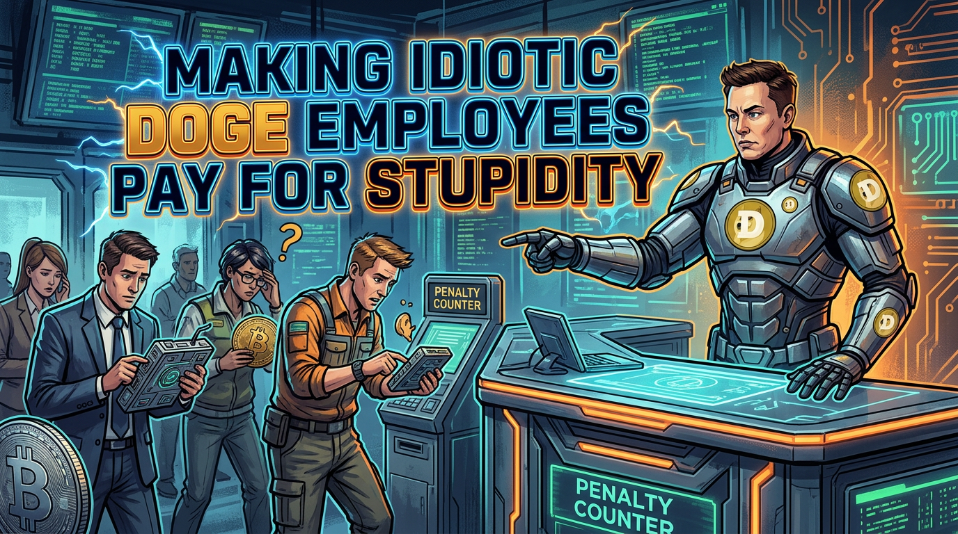 Armored person pointing at employees using devices near penalty counters in a tech room
