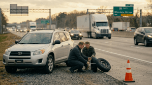 Two men changing the tire of a silver Toyota RAV4 on the side of a highway with traffic passing by.