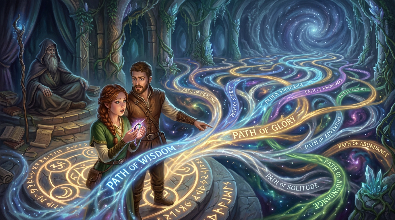 Two travelers viewing glowing paths labeled wisdom, glory, knowledge, healing, adventure, solitude, and abundance