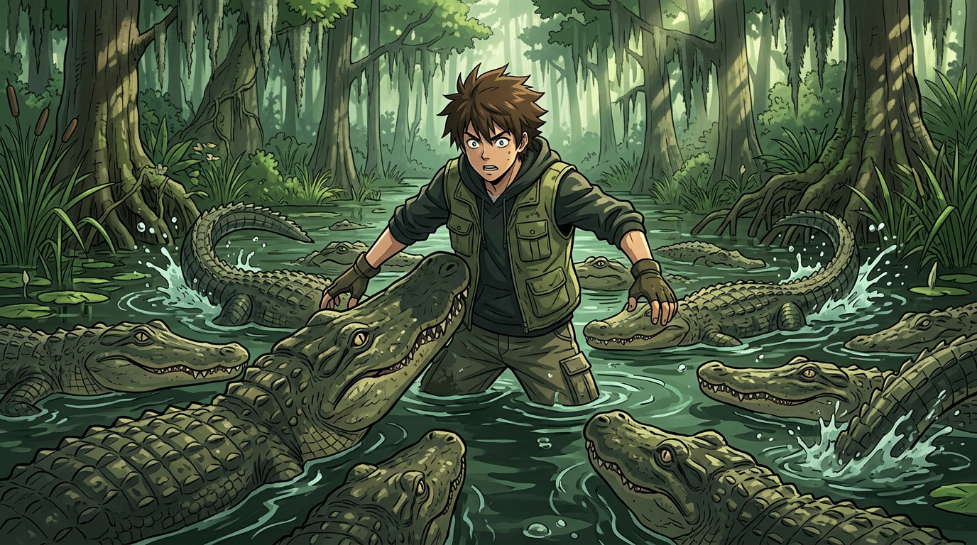 Anime-style explorer standing in swamp water among several crocodiles