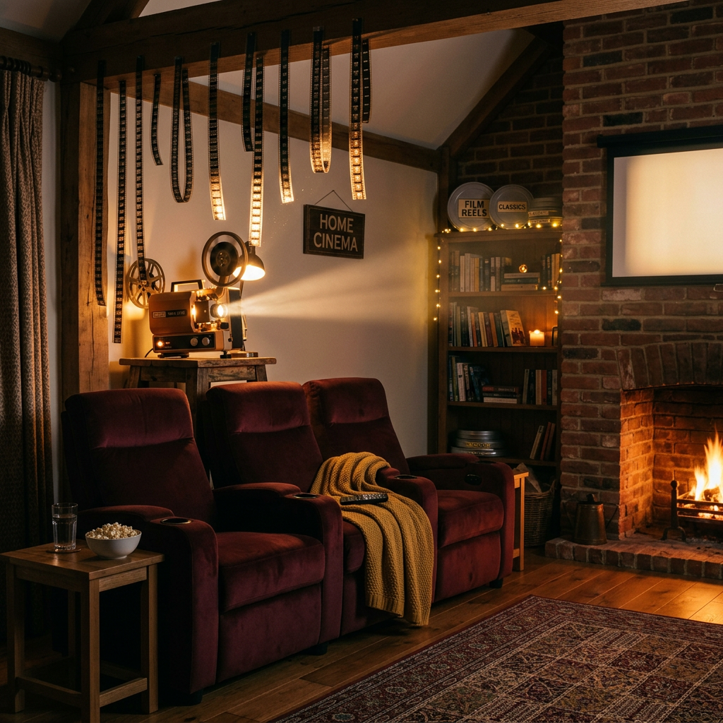 Cozy home cinema with three seats, projector, film reels, and fireplace