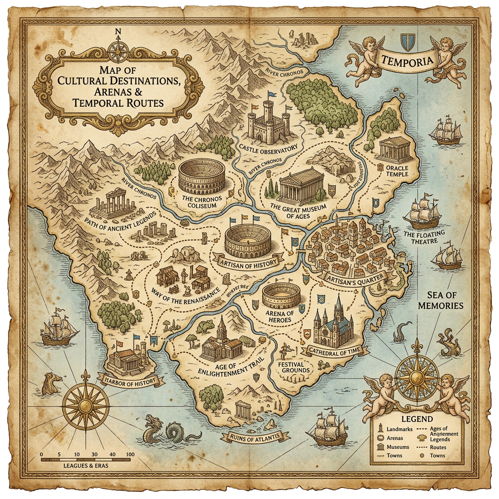 Map of Cultural Destinations, Arenas & Temporal Routes in Temporia, featuring labeled landmarks, routes, rivers, and sea