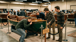 Four men examine restored wooden boat labeled Guide’s Grace