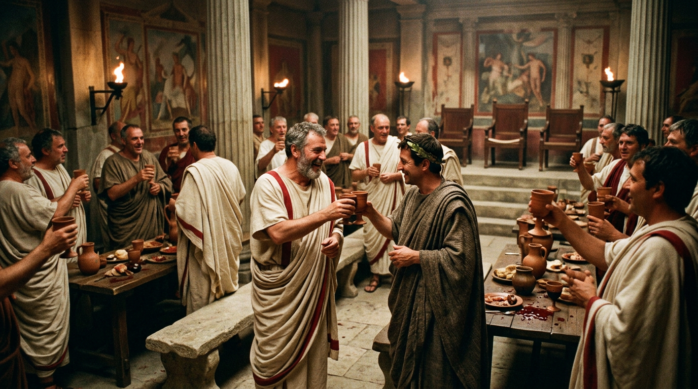 Ancient Romans sharing drinks and food during a festive banquet