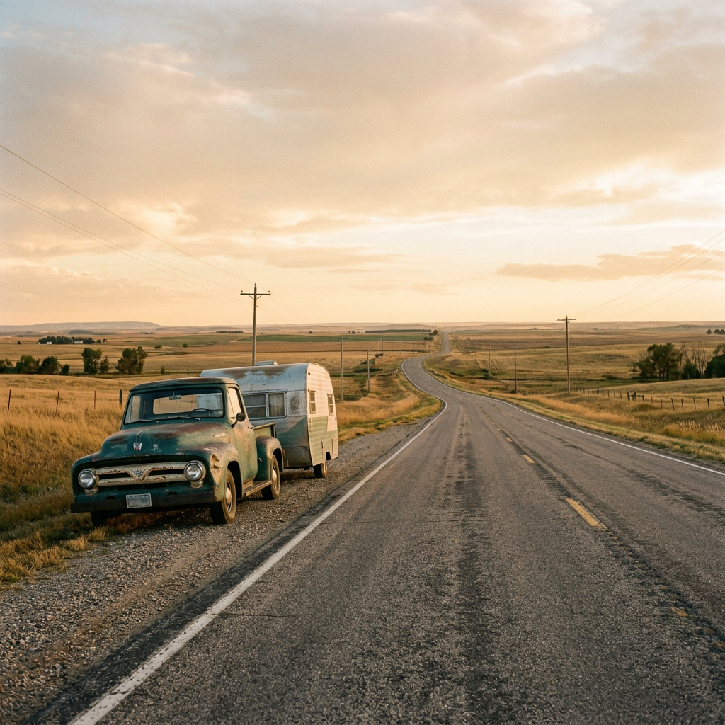 Vintage pickup truck towing a camper beside a rural prairie highway