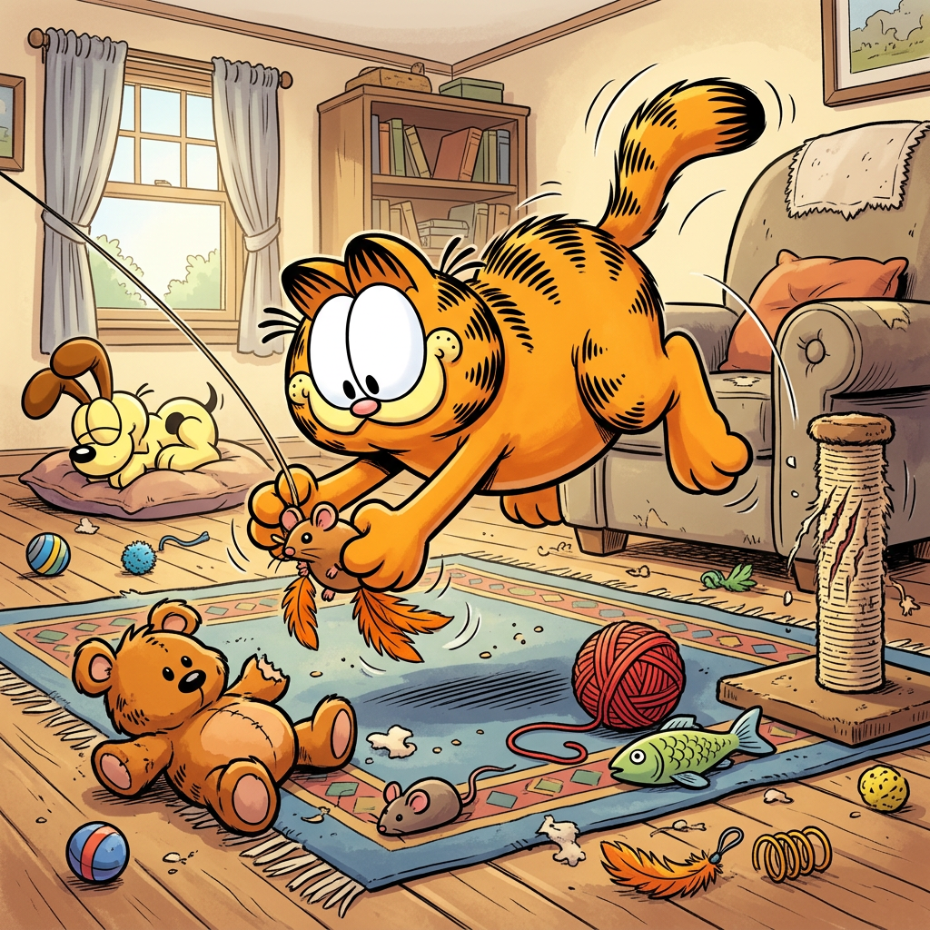 Garfield pounces on a toy mouse in a living room filled with cat toys