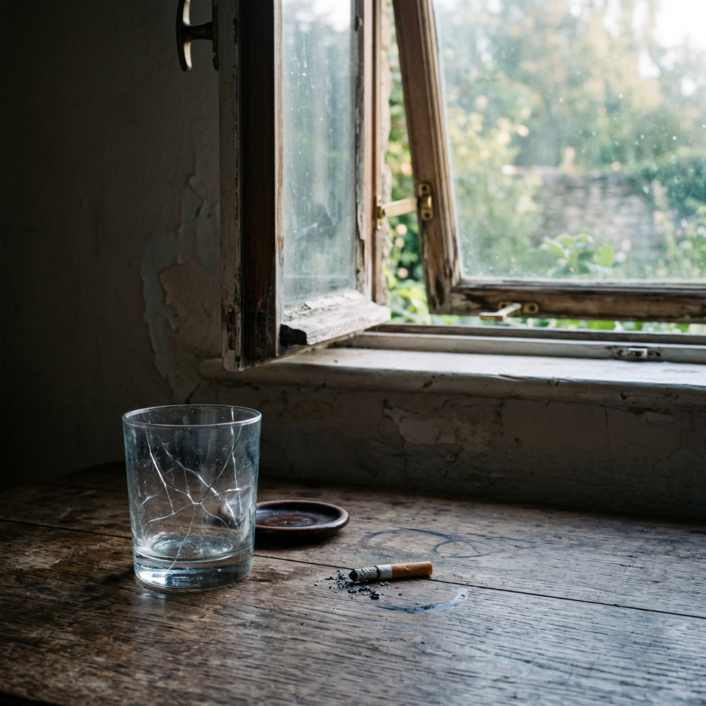 Cracked glass, extinguished cigarette, open window