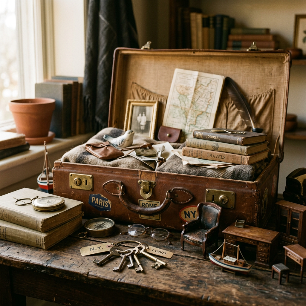Open vintage suitcase filled with travel books, maps, and souvenirs
