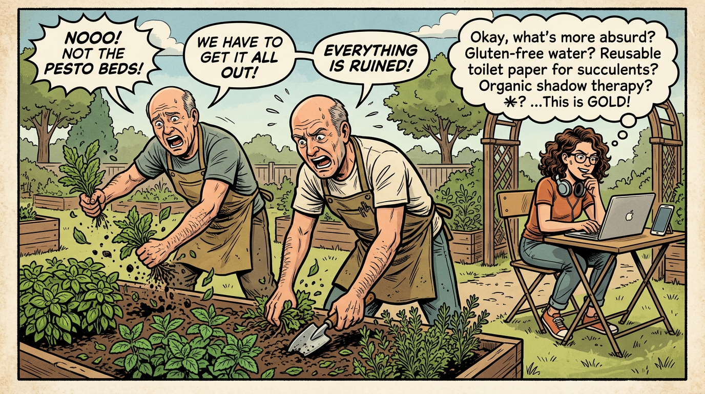 Panicked bald gardeners uprooting basil rows